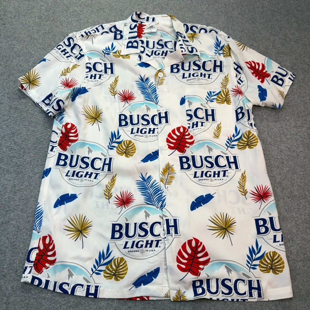 Busch‎ Light Mens Hawaiian Button Shirt Tropical Rayon White Beer Logo Size M
